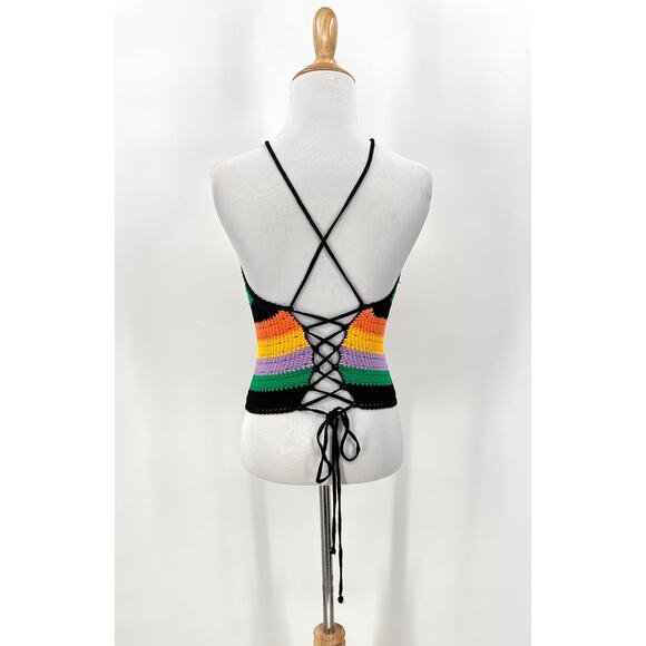 MAJE Stripe Crochet Halterneck Top Womens Medium Chevron Rainbow Stripe NEW - Picture 3 of 16